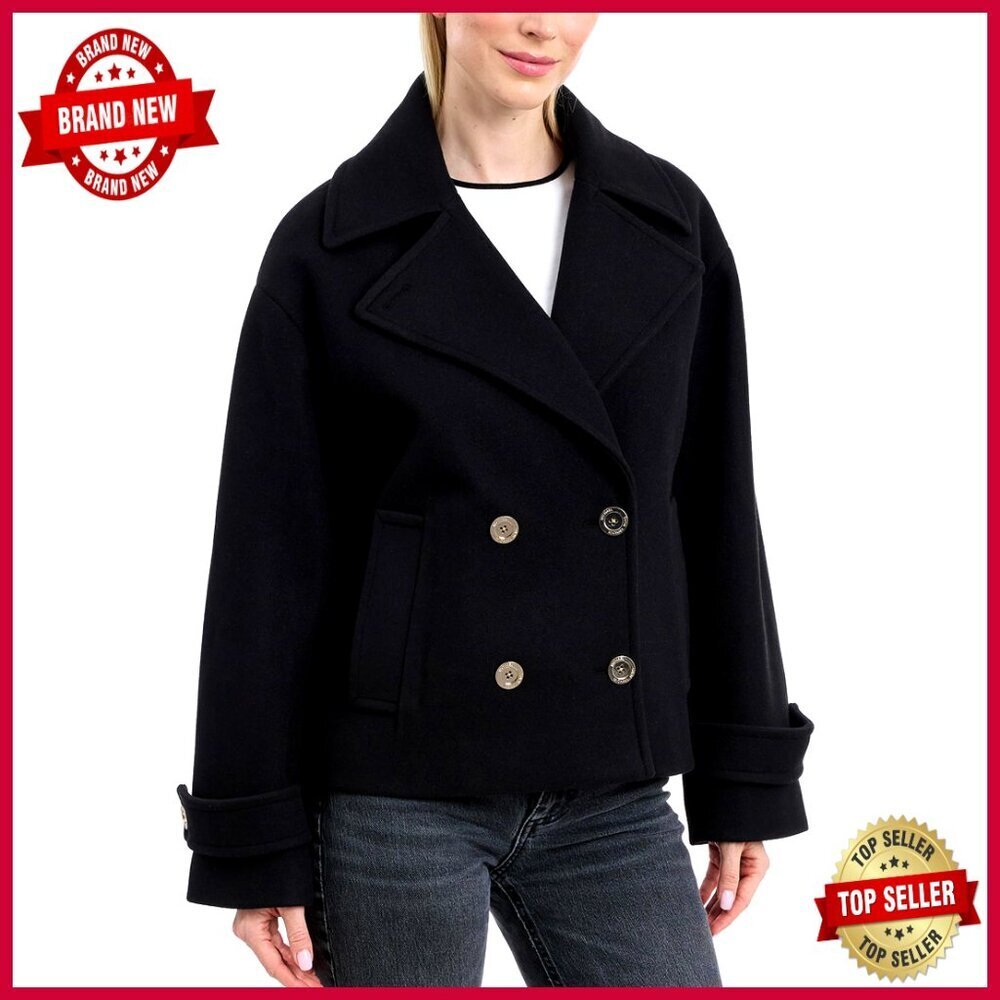 Double Button Short Peacoat, Faux Wool, Belted Wrap Design, Women's Coat